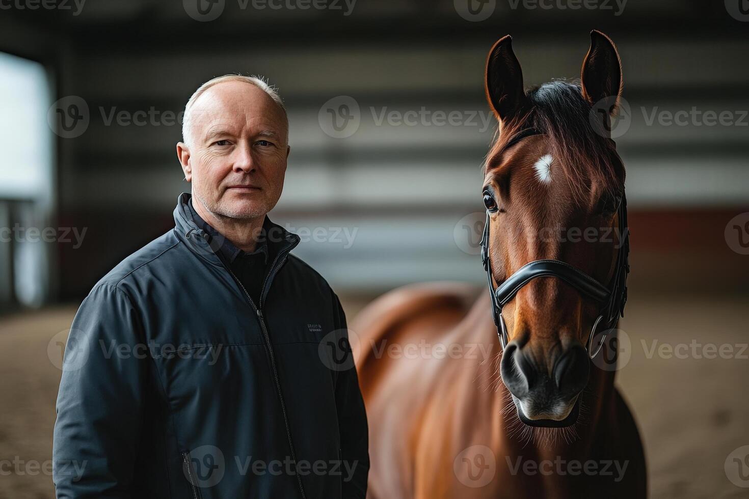 A man standing next to a horse in an indoor arena photo