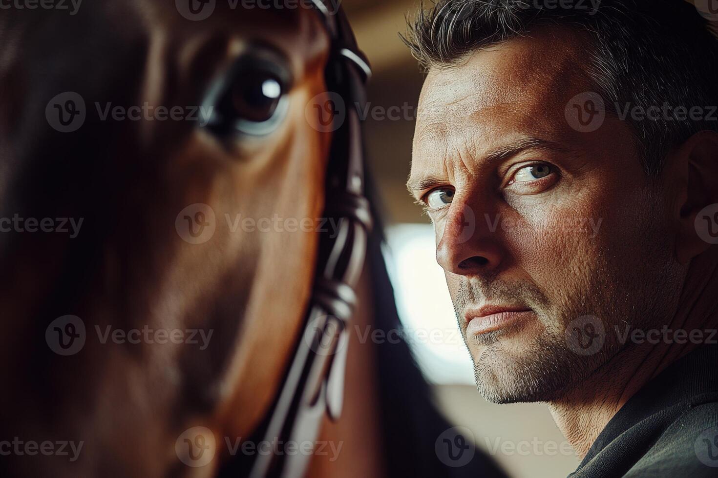 A man standing next to a horse photo