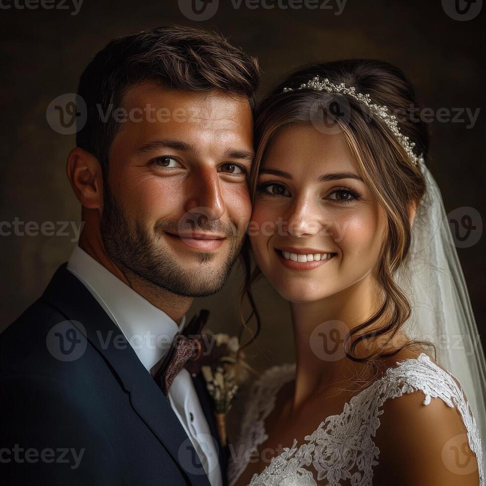 A beautiful bride and groom posing for a portrait photo