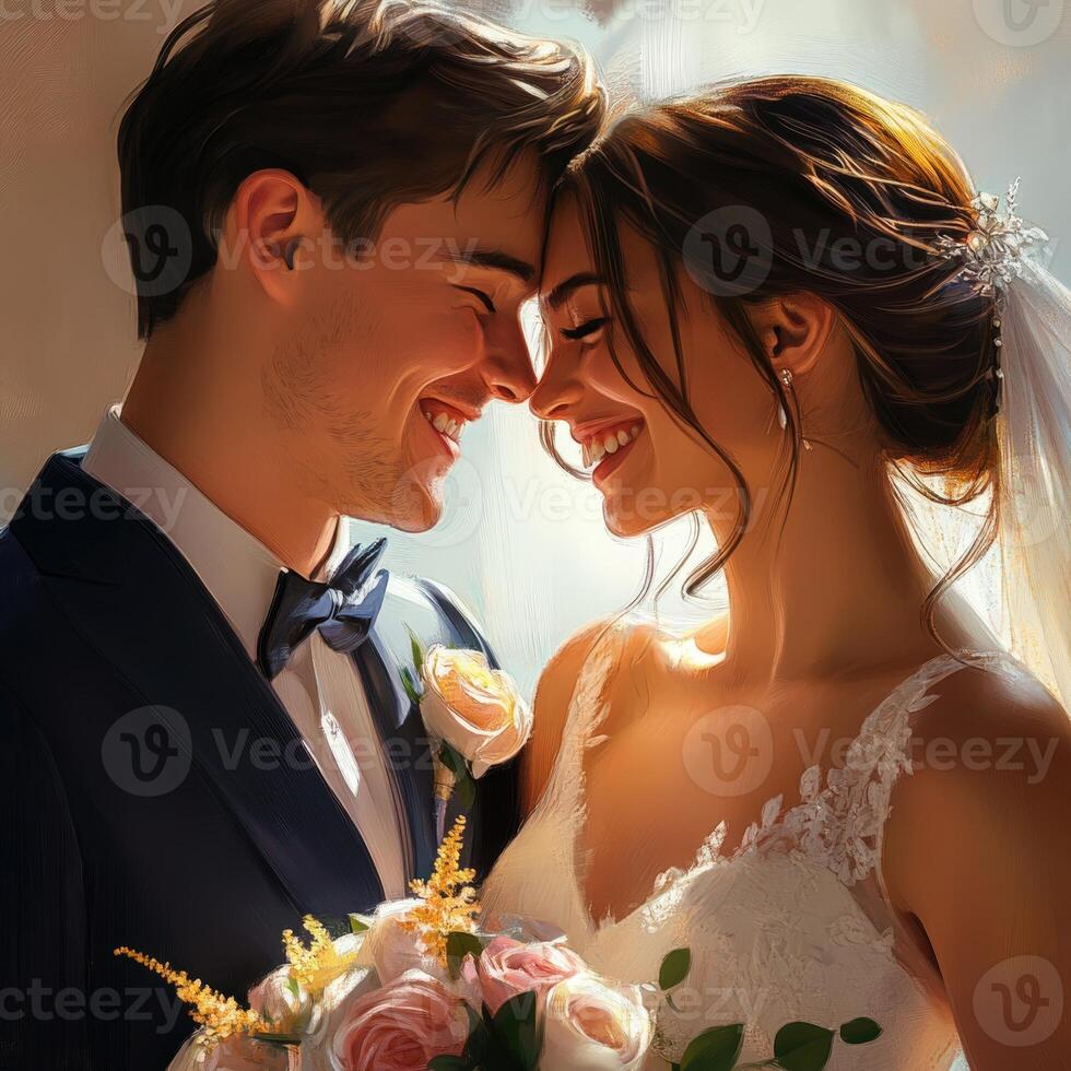 A painting of a bride and groom smiling photo