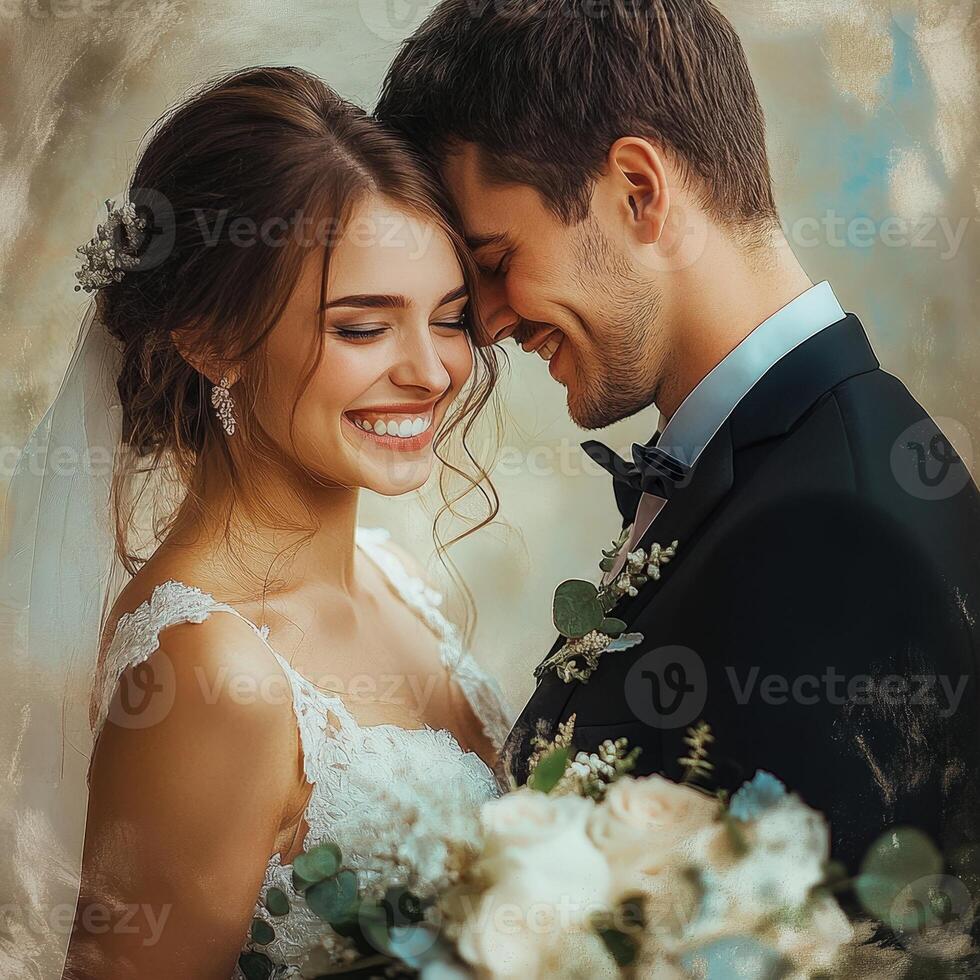 A bride and groom are smiling together photo