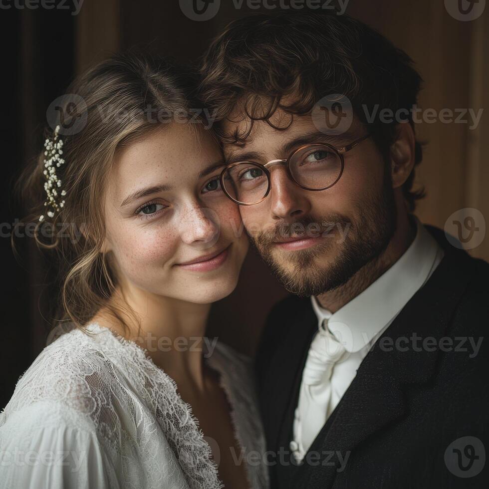 A man and woman in glasses pose for a photo