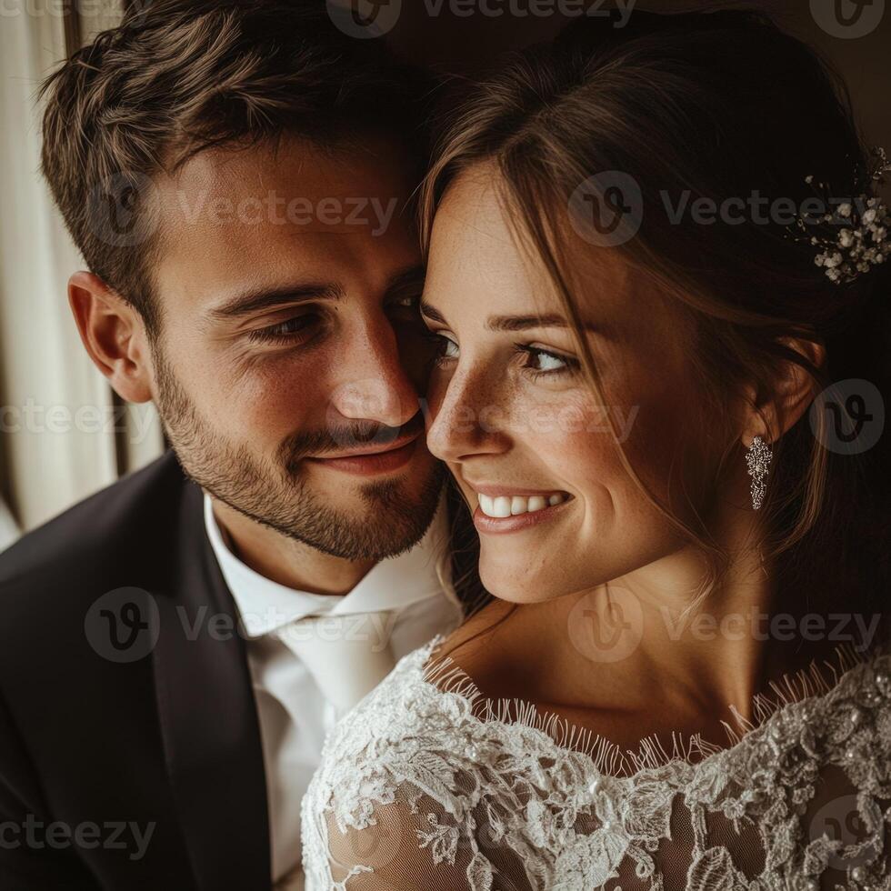 A bride and groom are smiling at each other photo