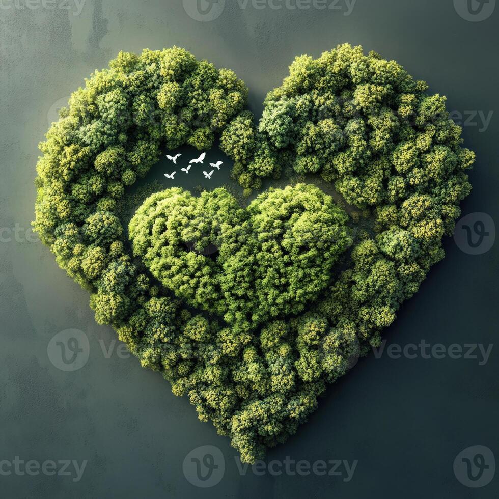 Heart shaped green trees and birds on a dark background photo