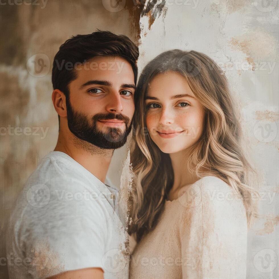 A couple posing for a photo in front of a wall