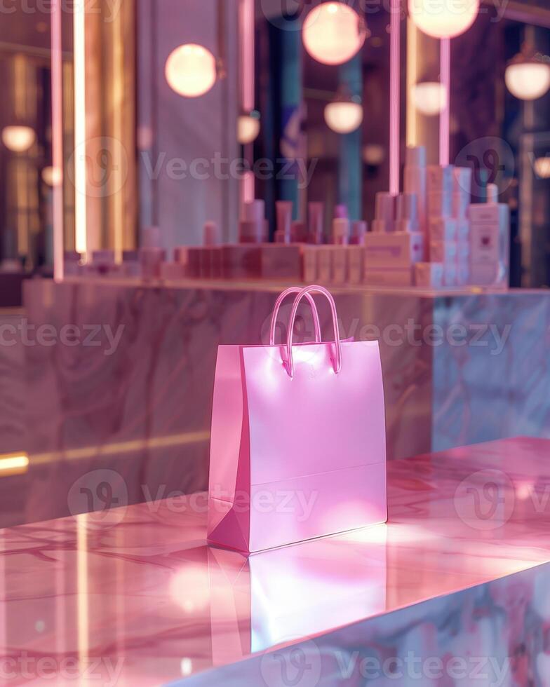 A pink shopping bag sitting on a marble counter photo