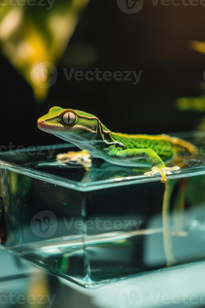 Green Lizard on Glass Container photo