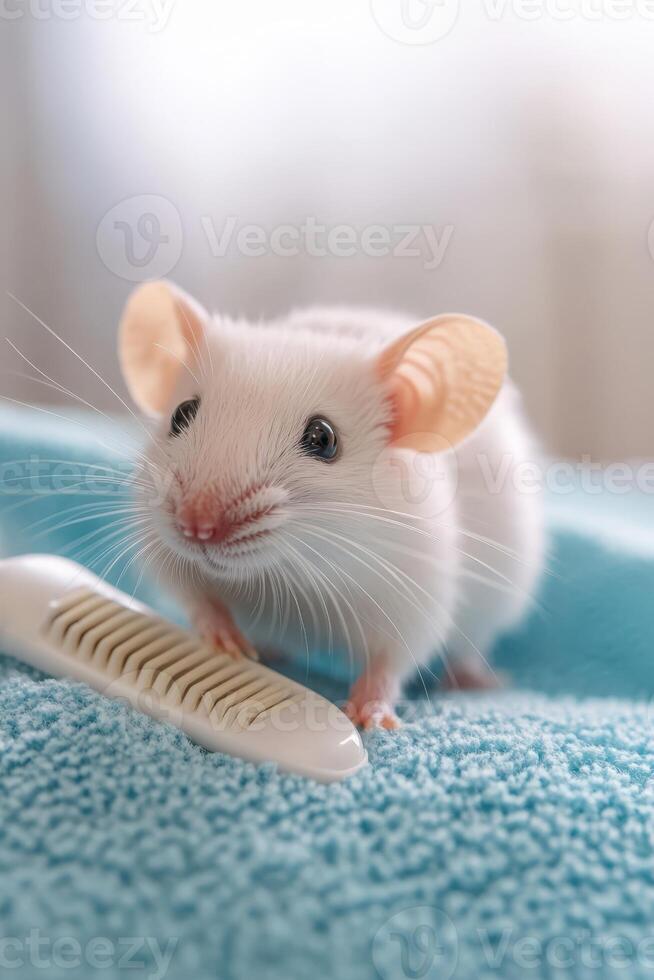 Mouse and Comb on Blue Towel photo