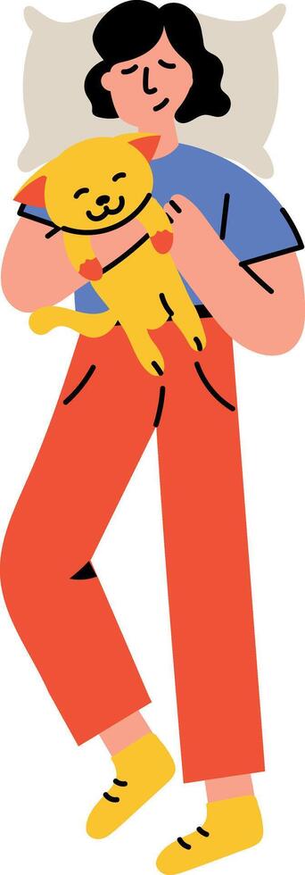 A flat style illustration showing a character sleeping with her pet vector