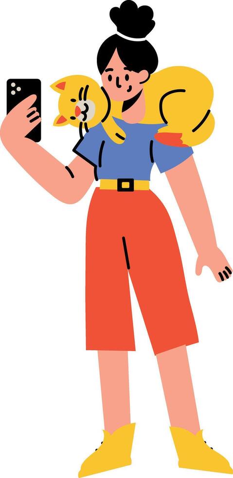 A character taking picture with her pet, flat style illustration vector