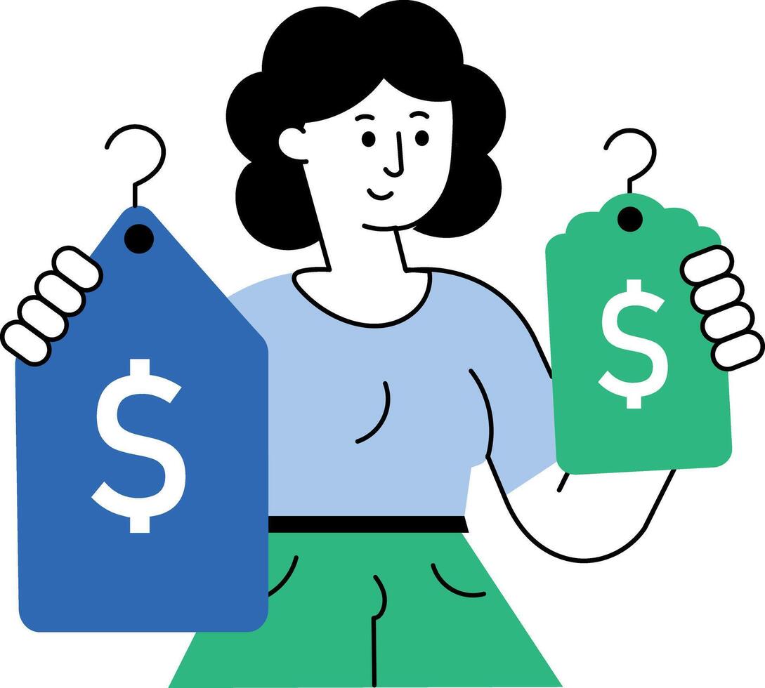 Flat style illustration showing buyer comparing prices of items vector