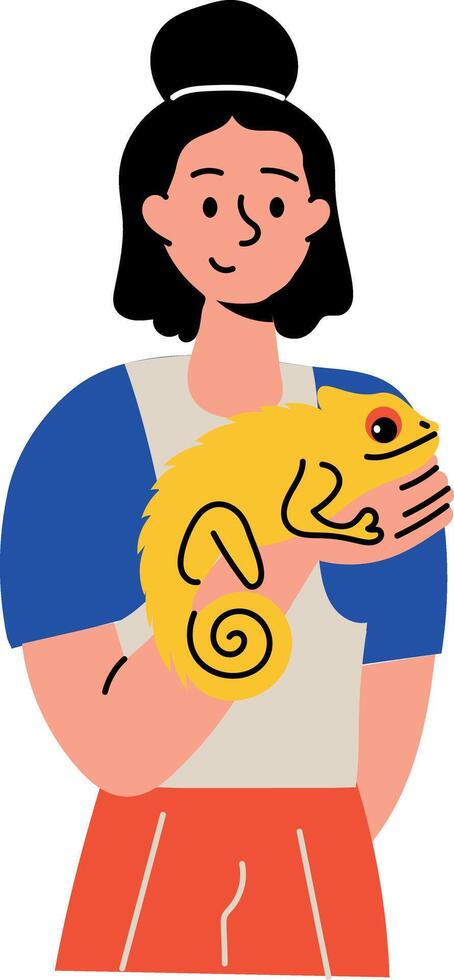 A flat style illustration showing a character having a chameleon pet vector