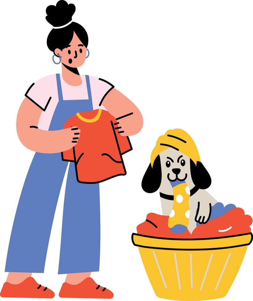A dog in a cloth basket depicting a laundry day, flat illustration vector