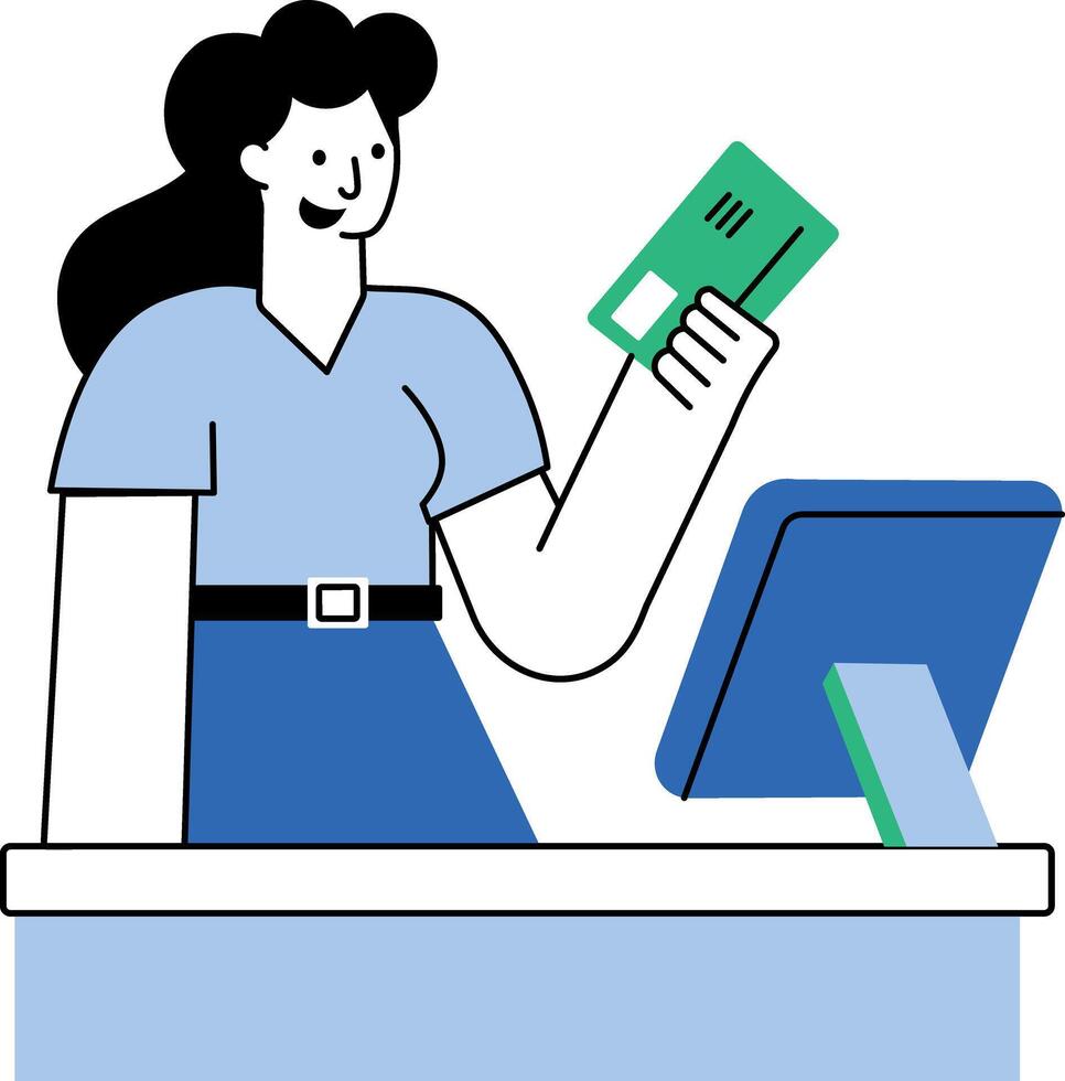 A flat illustration showing a character standing at checkout counter vector