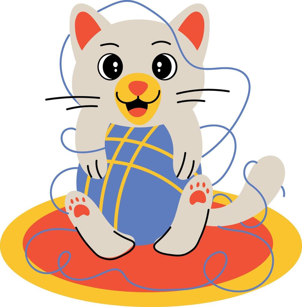 A flat style illustration of a cat playing with a yarn ball vector