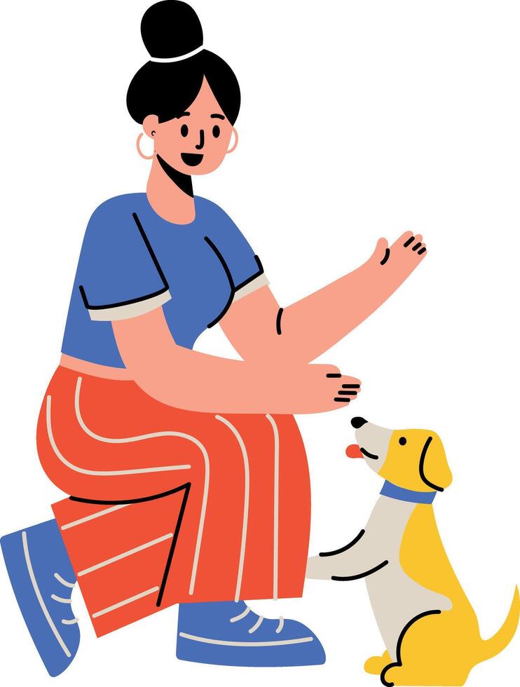 A flat style illustration showing a character playing with cute puppy vector
