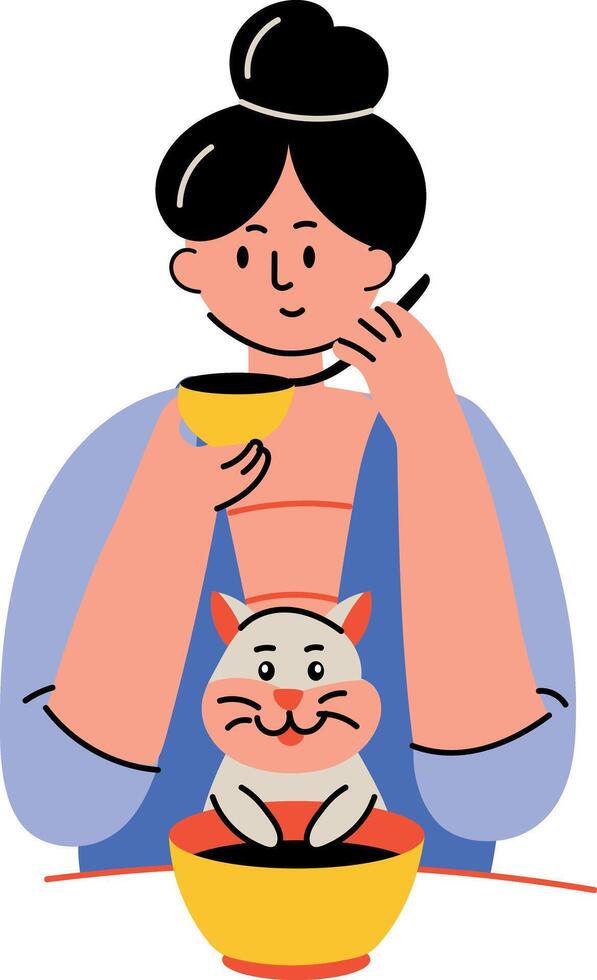 A flat style illustration showing a character eating food with her pet vector