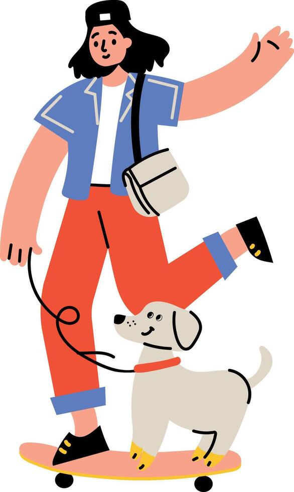 A flat style illustration showing a character skating with his dog vector