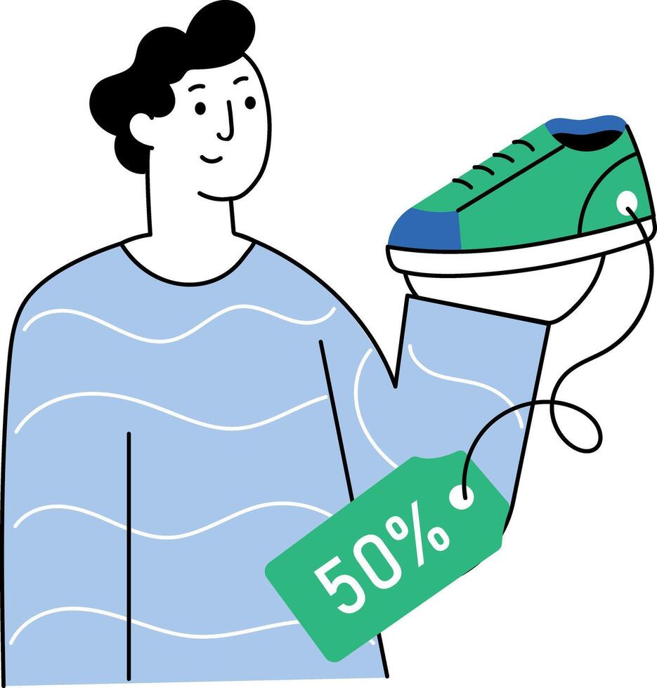 Flat style illustration showing person checking shoe sale offer vector