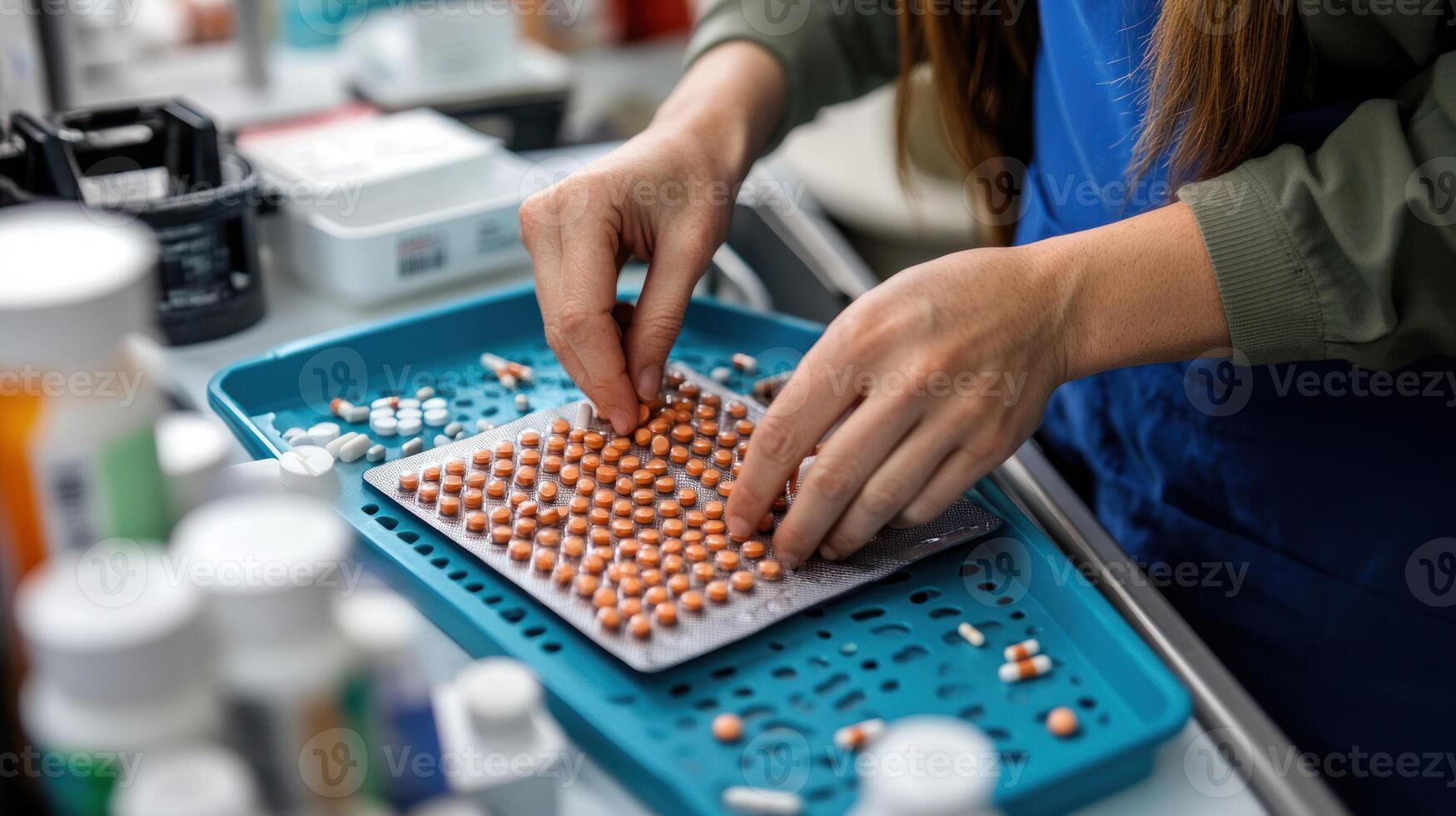 Hands arranging pills in tray photo