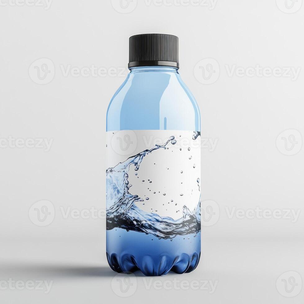 Light blue water bottle with white label and water splash photo