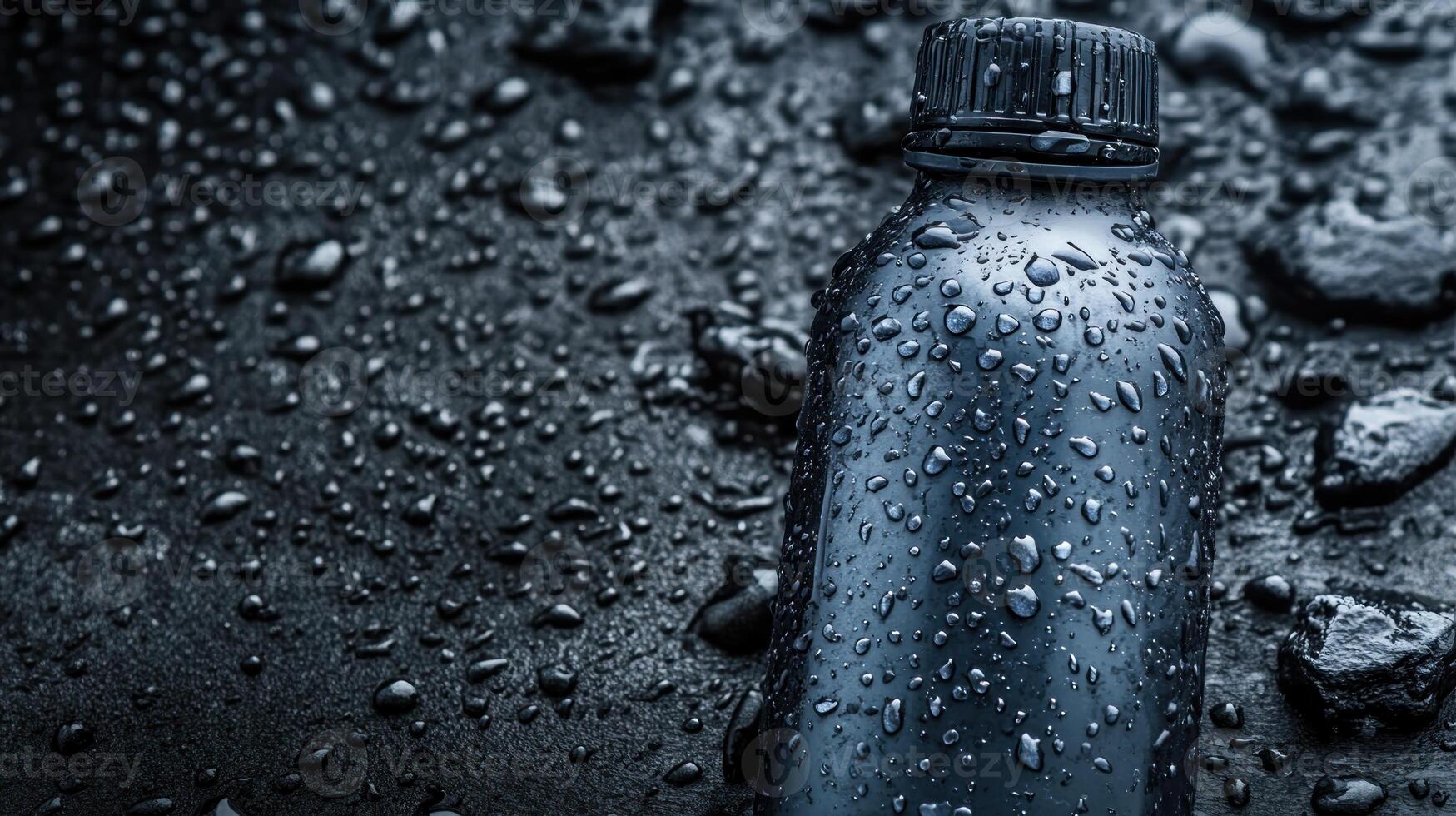 Dark metal water bottle on wet rocks photo