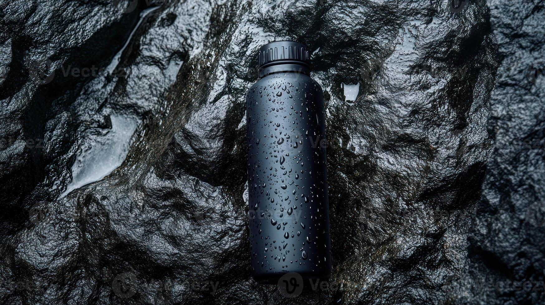 Dark water bottle on rocks photo