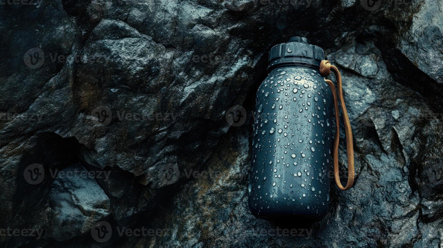 Dark bottle on wet rocks photo