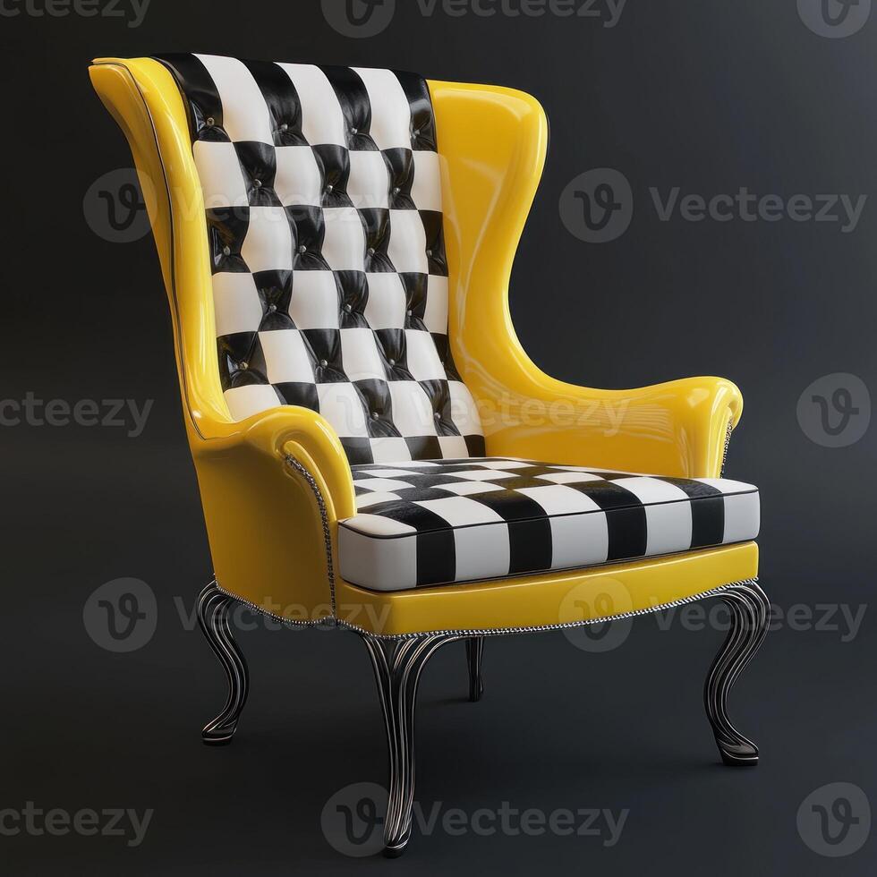 Yellow armchair with black and white checkered pattern photo