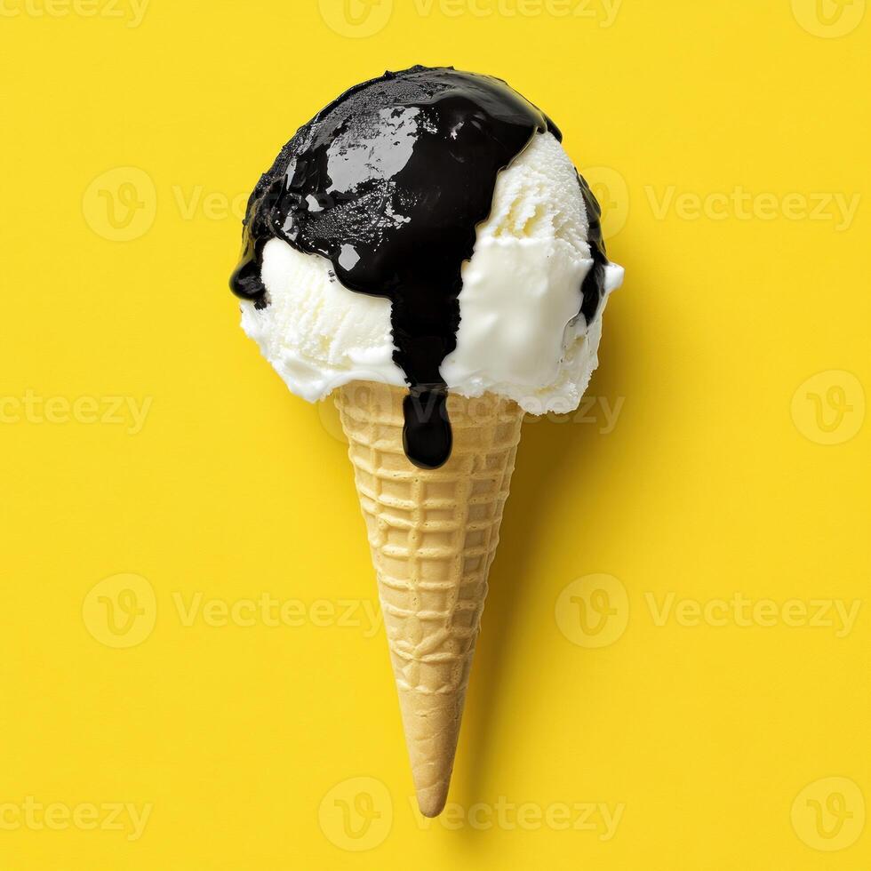 Ice cream cone with chocolate sauce photo
