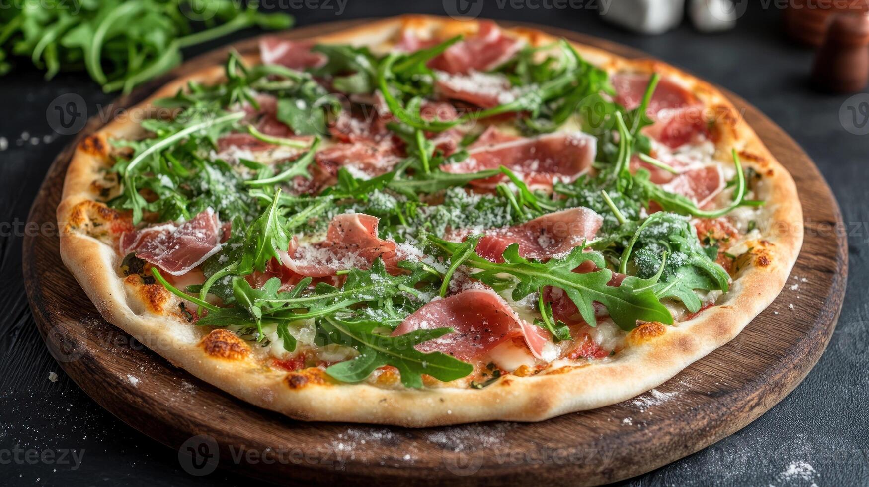 Delicious pizza topped with prosciutto and arugula photo
