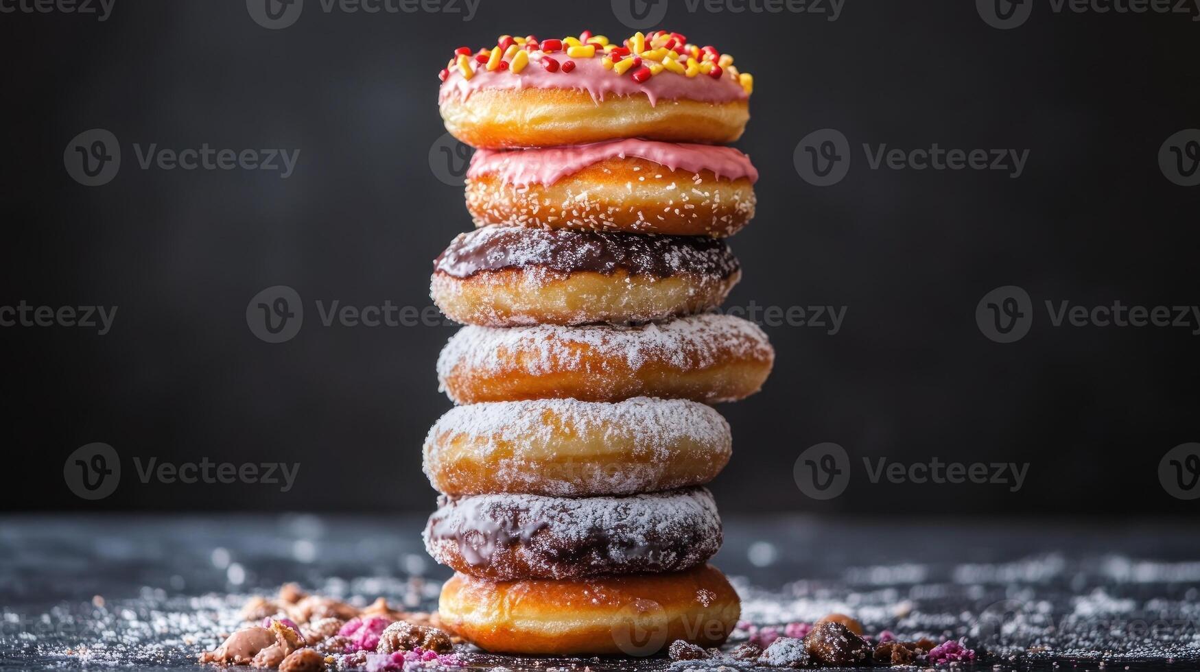 Stacked donuts with colorful toppings photo