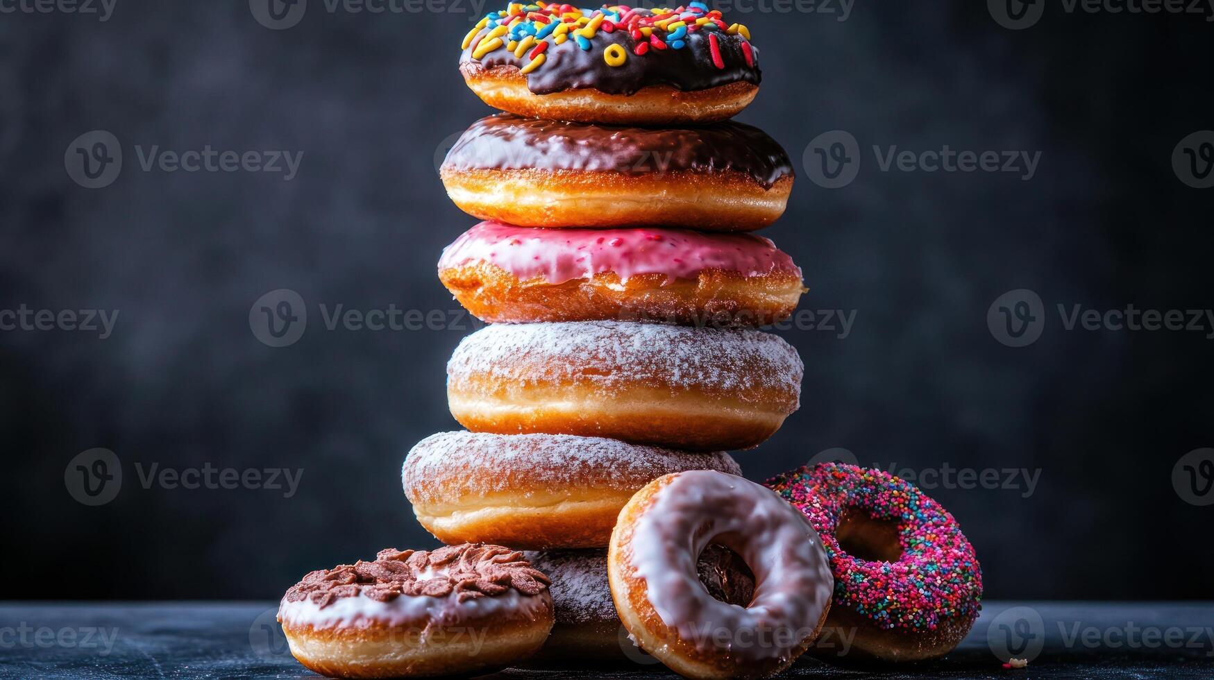 Stacked donuts in various colors and toppings photo