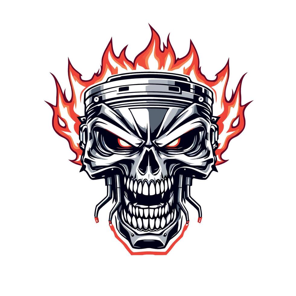 Vsai blazing skull with engine piston cranium showing fiery determination vector