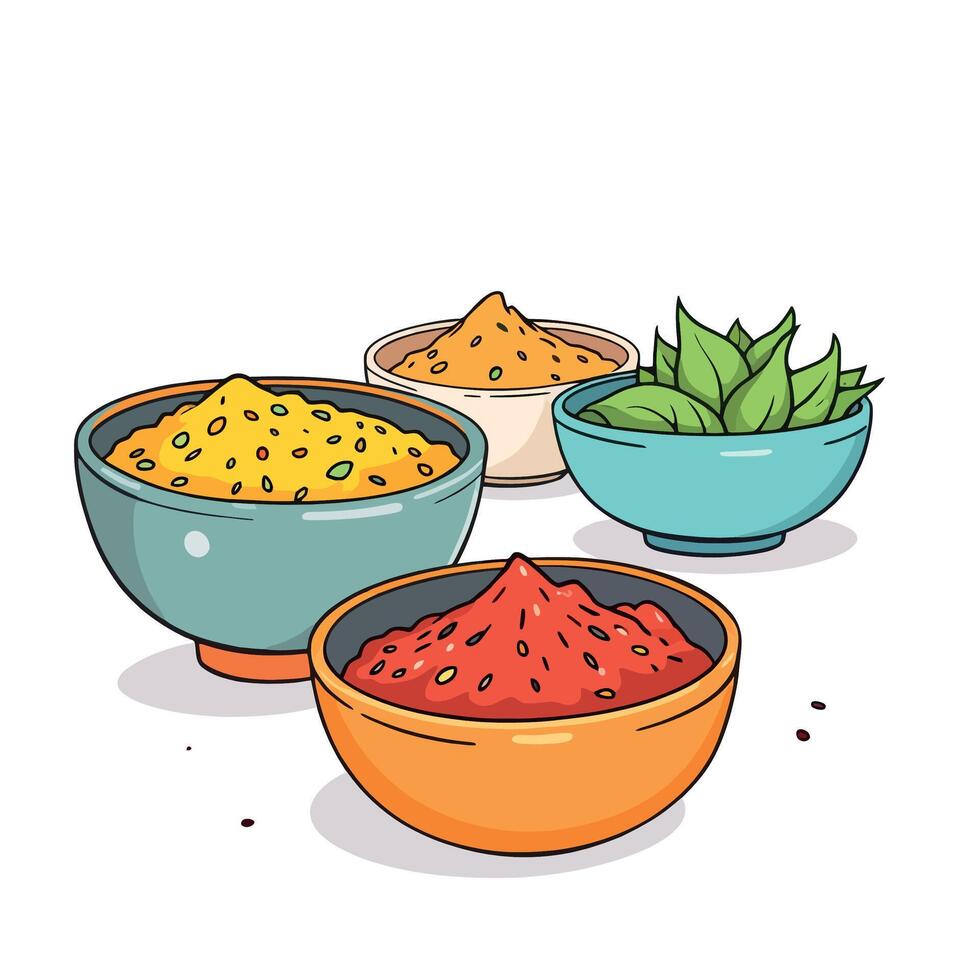 Vsai colorful spices and herbs resting in bowls, ready for cooking vector
