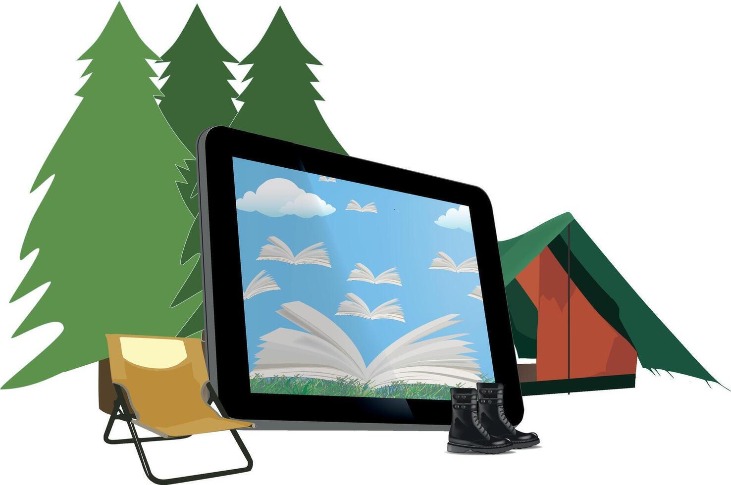 Tablet with books in a camping setting vector