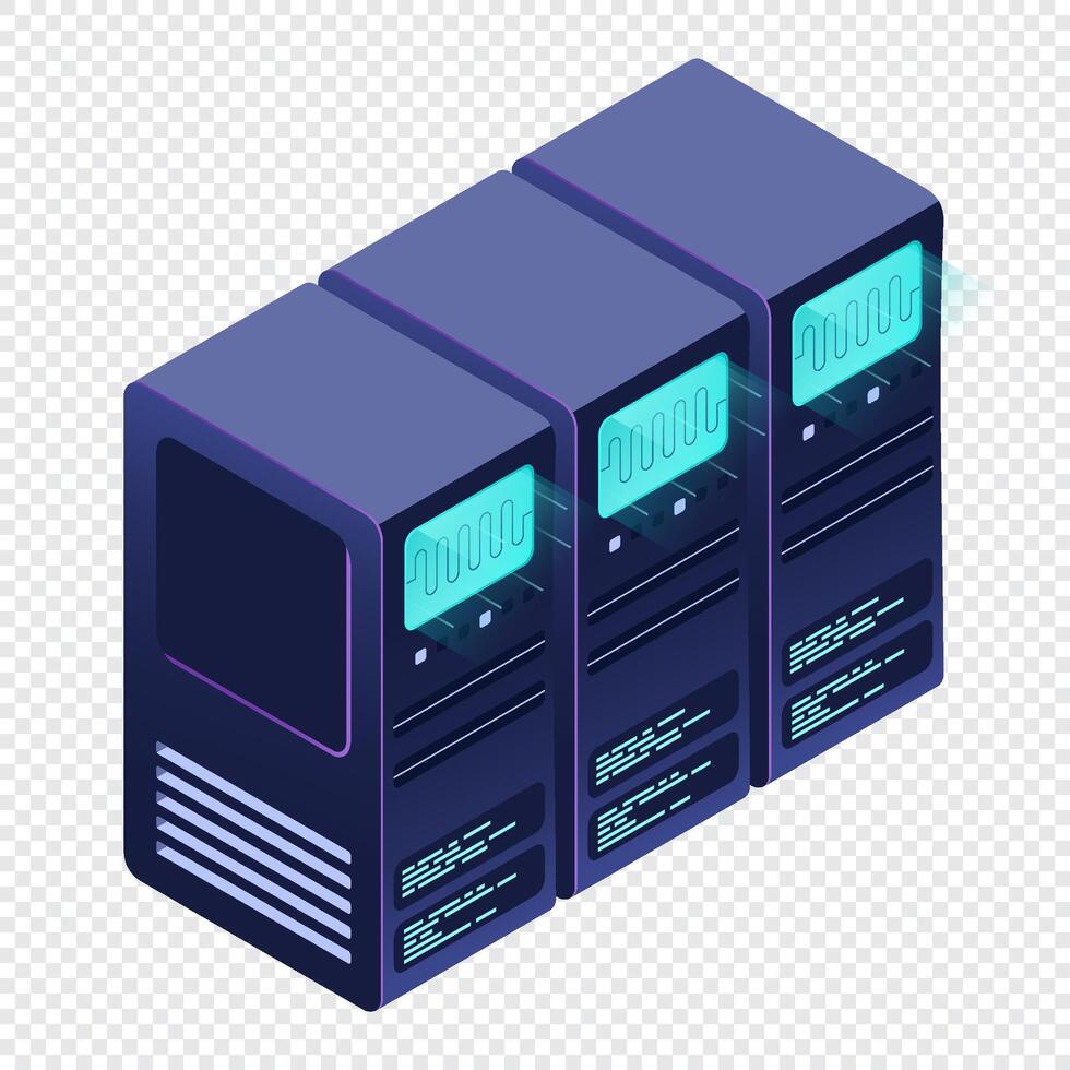 Isometric futuristic server. Isometric database or data center. Abstract blockchain. Computer. Cloud storage vector