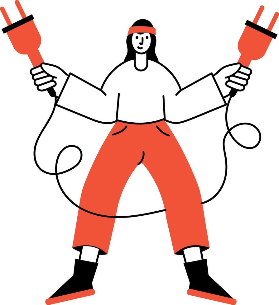 A hand drawn illustration showing a wiring engineer fixing cables vector