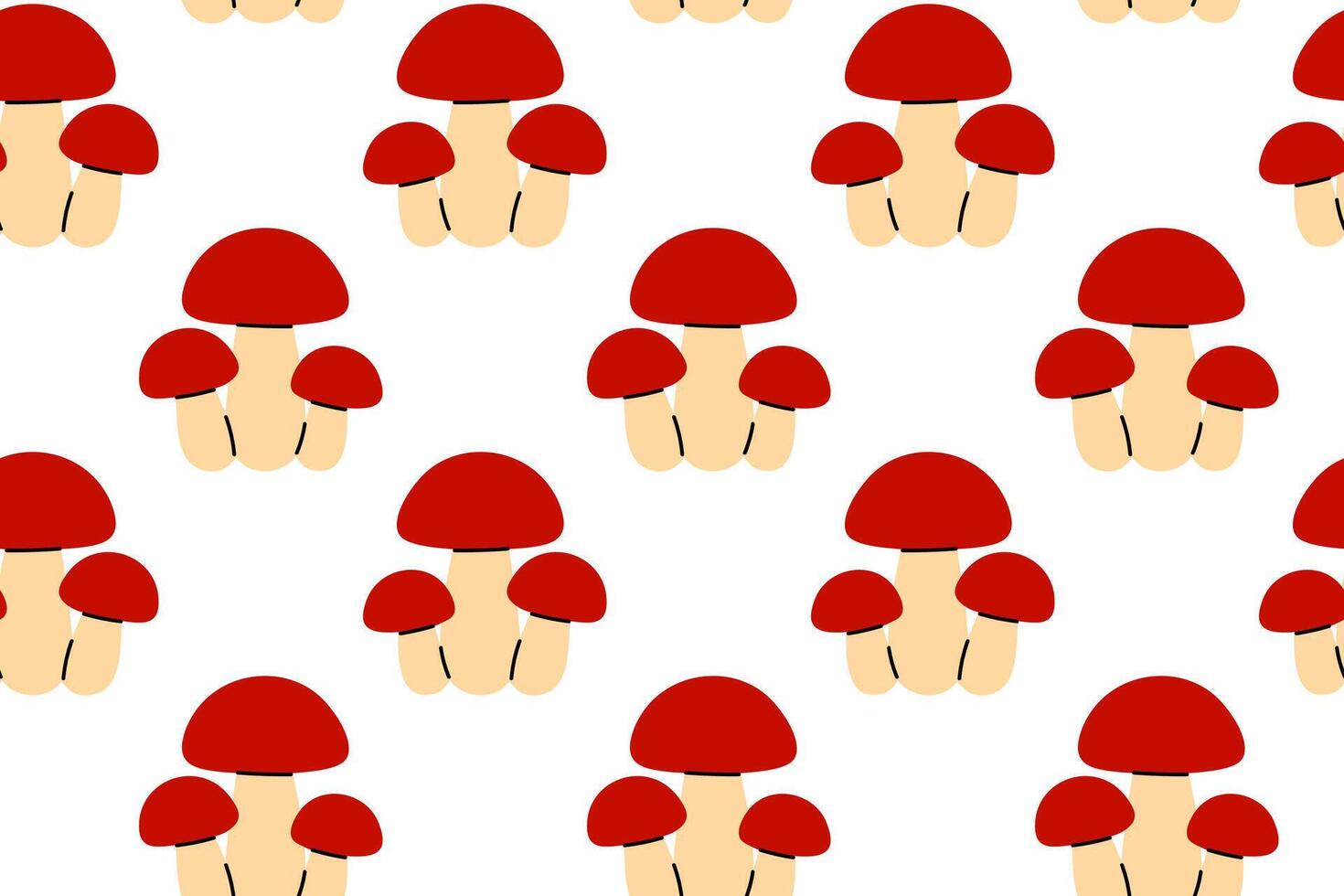 Repeating pattern featuring red mushrooms with pale stems, ideal for autumn themes, kids design, and kitchen textiles vector