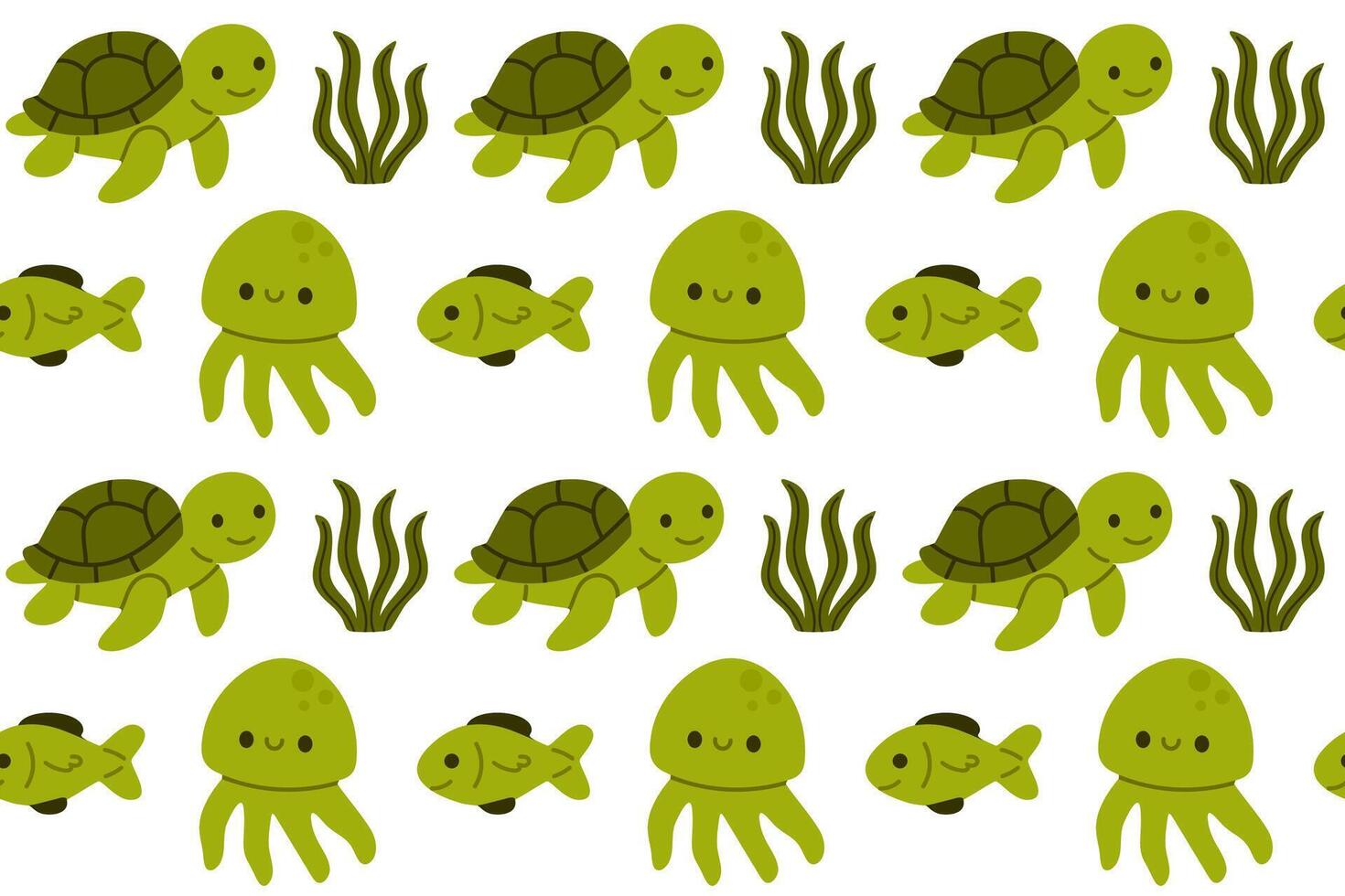 Green jellyfish, turtles, and seaweed arranged in a seamless marine pattern, ideal for nature and underwater-themed kids products vector