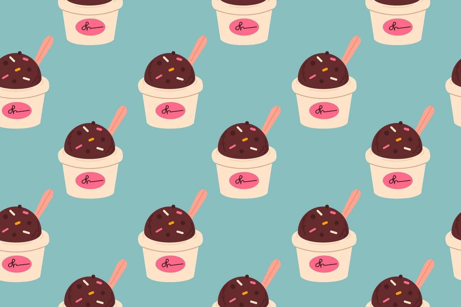 Seamless pattern of chocolate ice cream scoops in paper cups with sprinkles and spoons on teal background, ideal for dessert packaging and food-themed designs vector