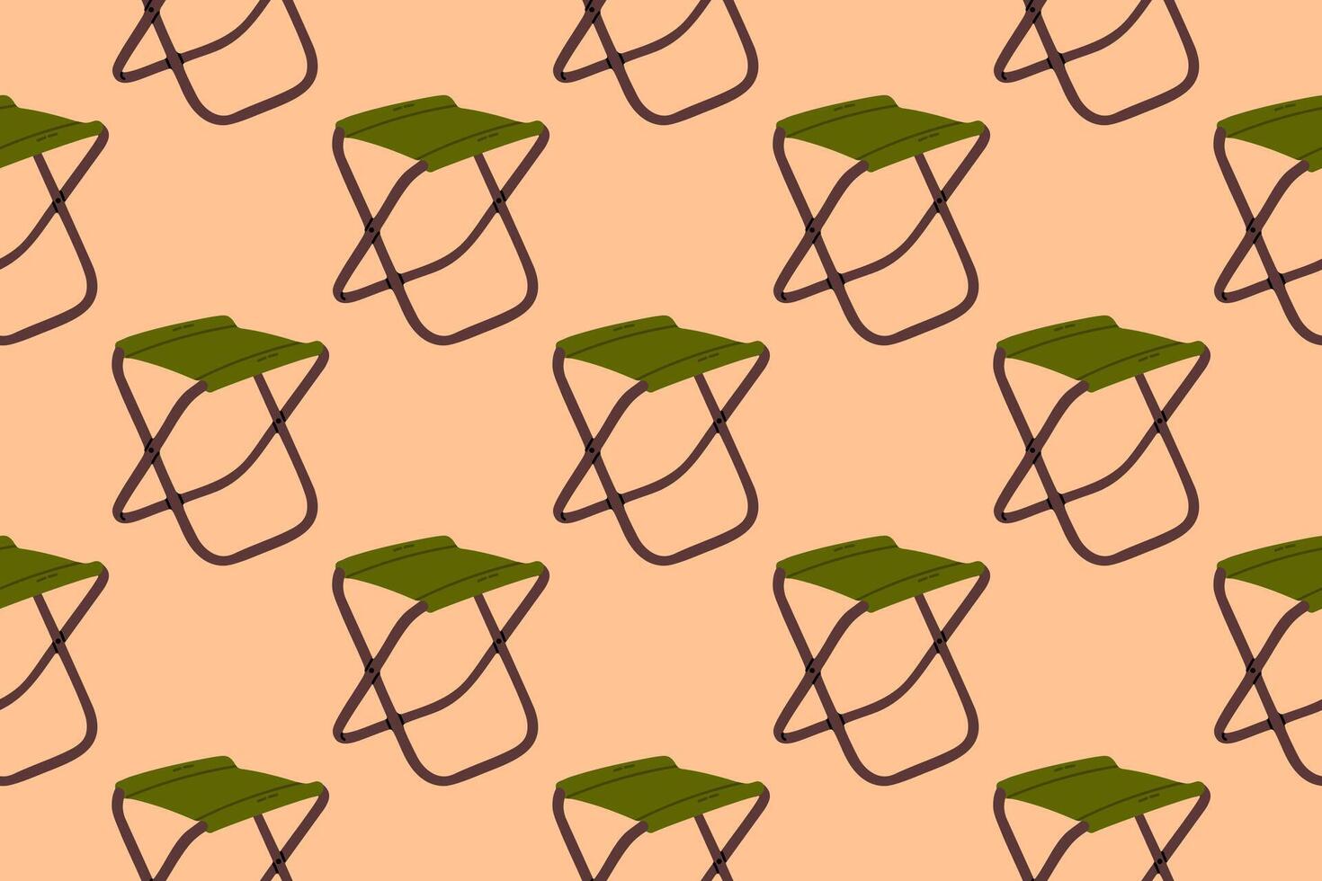 Seamless pattern with round green camping chairs on peach background. Comfortable outdoor furniture repeating design. vector