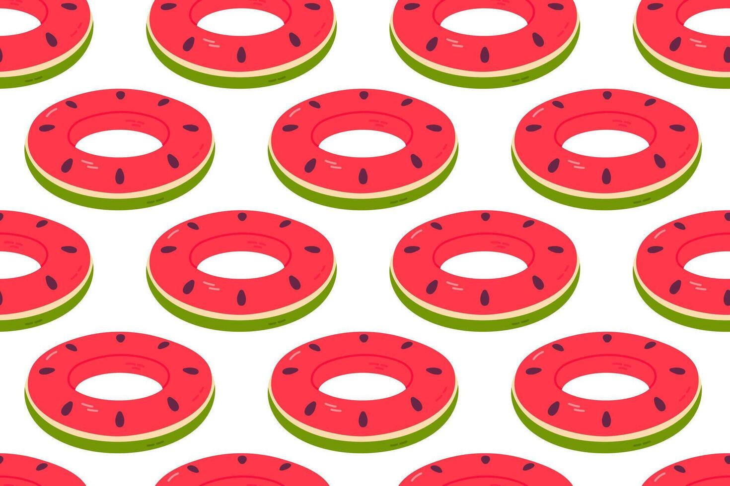 Seamless pattern with red and green watermelon-shaped pool floats on white background, perfect for summer packaging, fabric, or kids' products vector