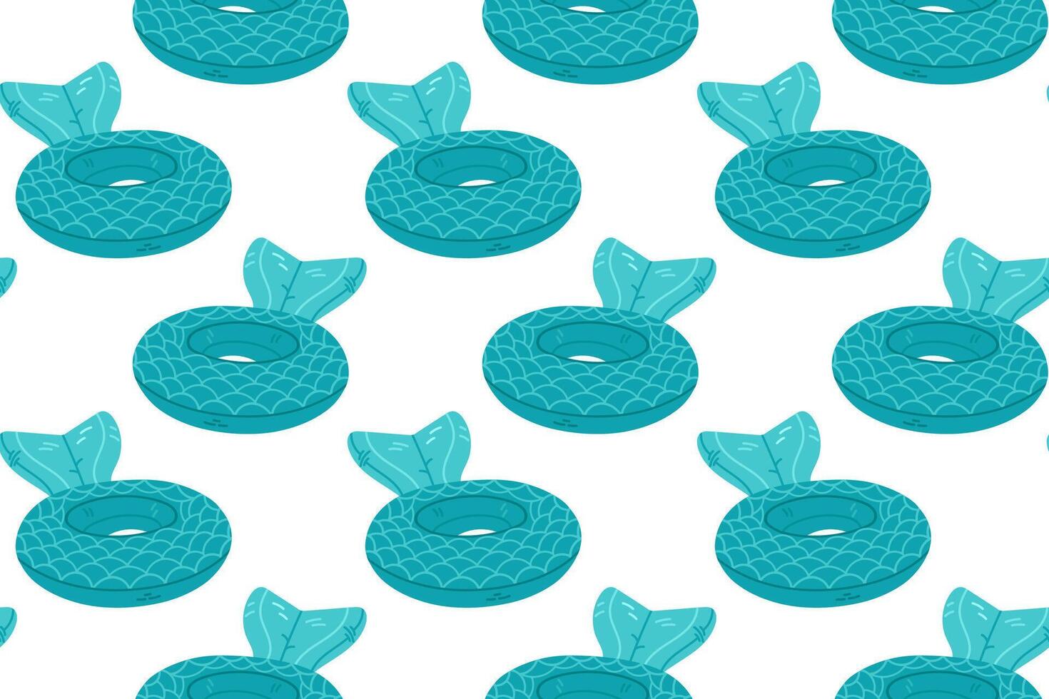 Seamless pattern with inflatable mermaid tail pool floats in turquoise on white background, perfect for summer fabric, wrapping, and kids products vector