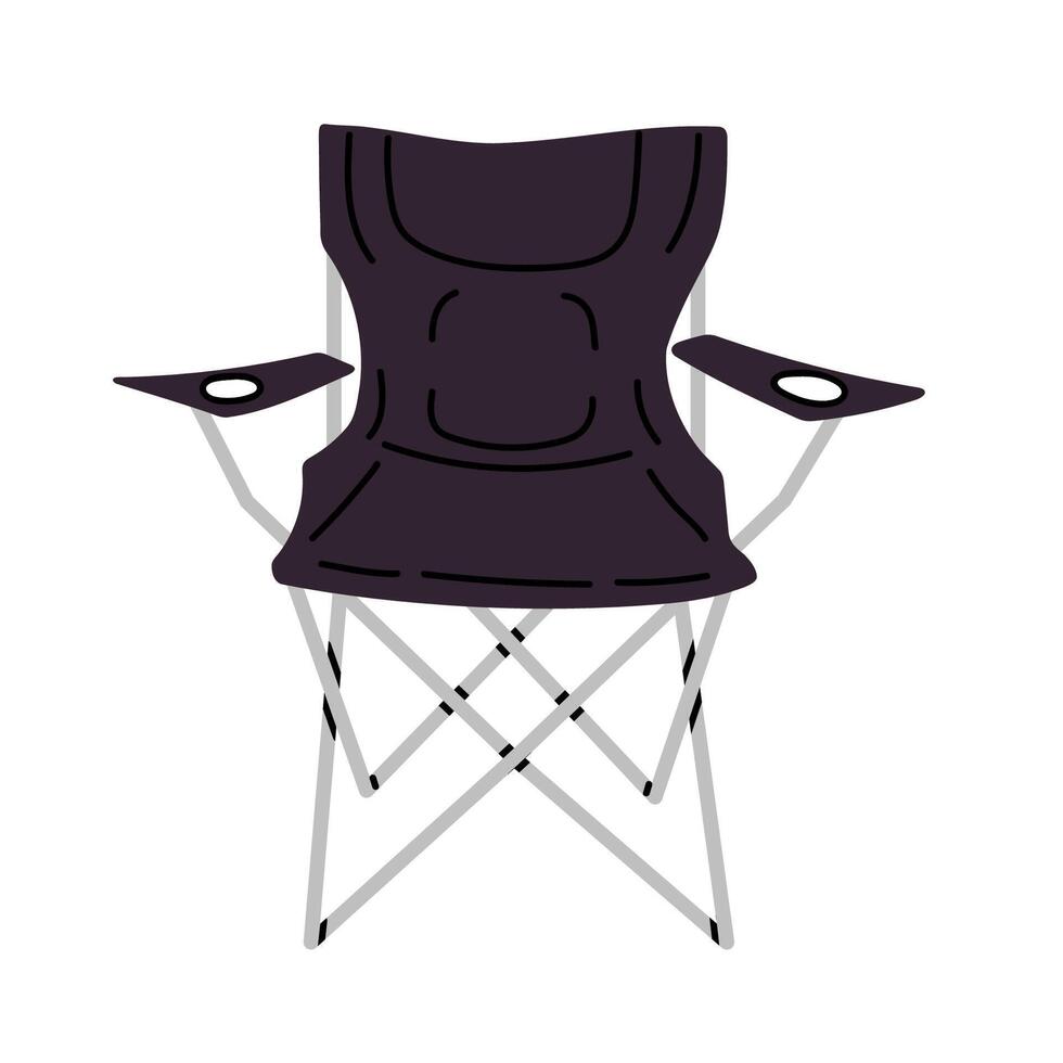 Black folding camping chair with armrests, isolated on white background. Compact outdoor seat for travel and leisure. vector