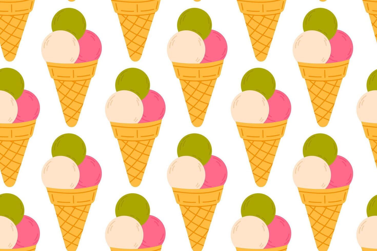 Seamless pattern of colorful triple scoop ice cream cones on white background, perfect for sweet summer visuals and dessert-themed prints vector