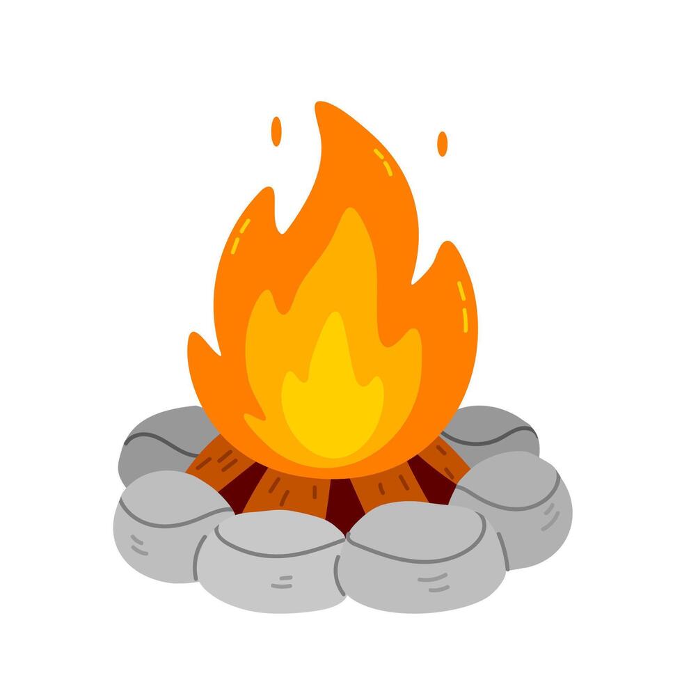 Classic campfire built on stones with burning flames. Ideal for camping scenes, nature graphics, survival kits and outdoor designs vector