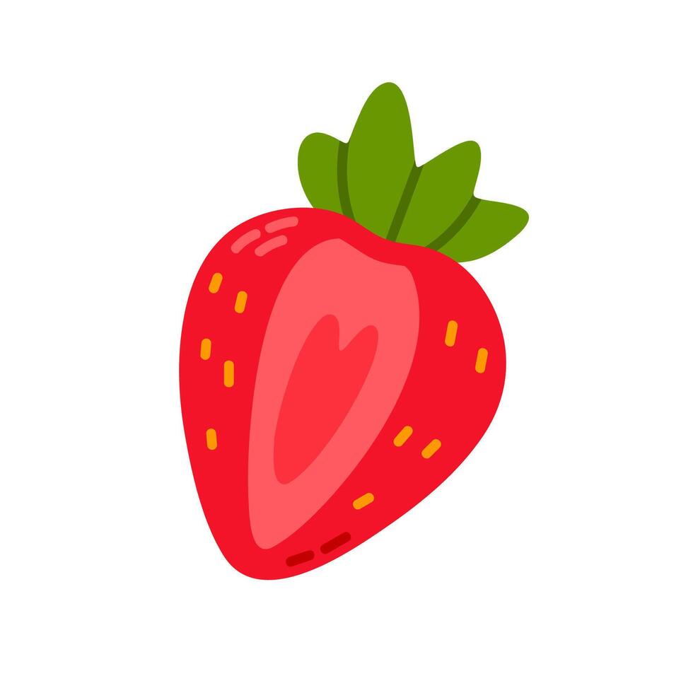 illustration of a juicy red strawberry with seeds and green leaves. Perfect for food packaging, summer labels, organic product branding, and healthy nutrition design vector