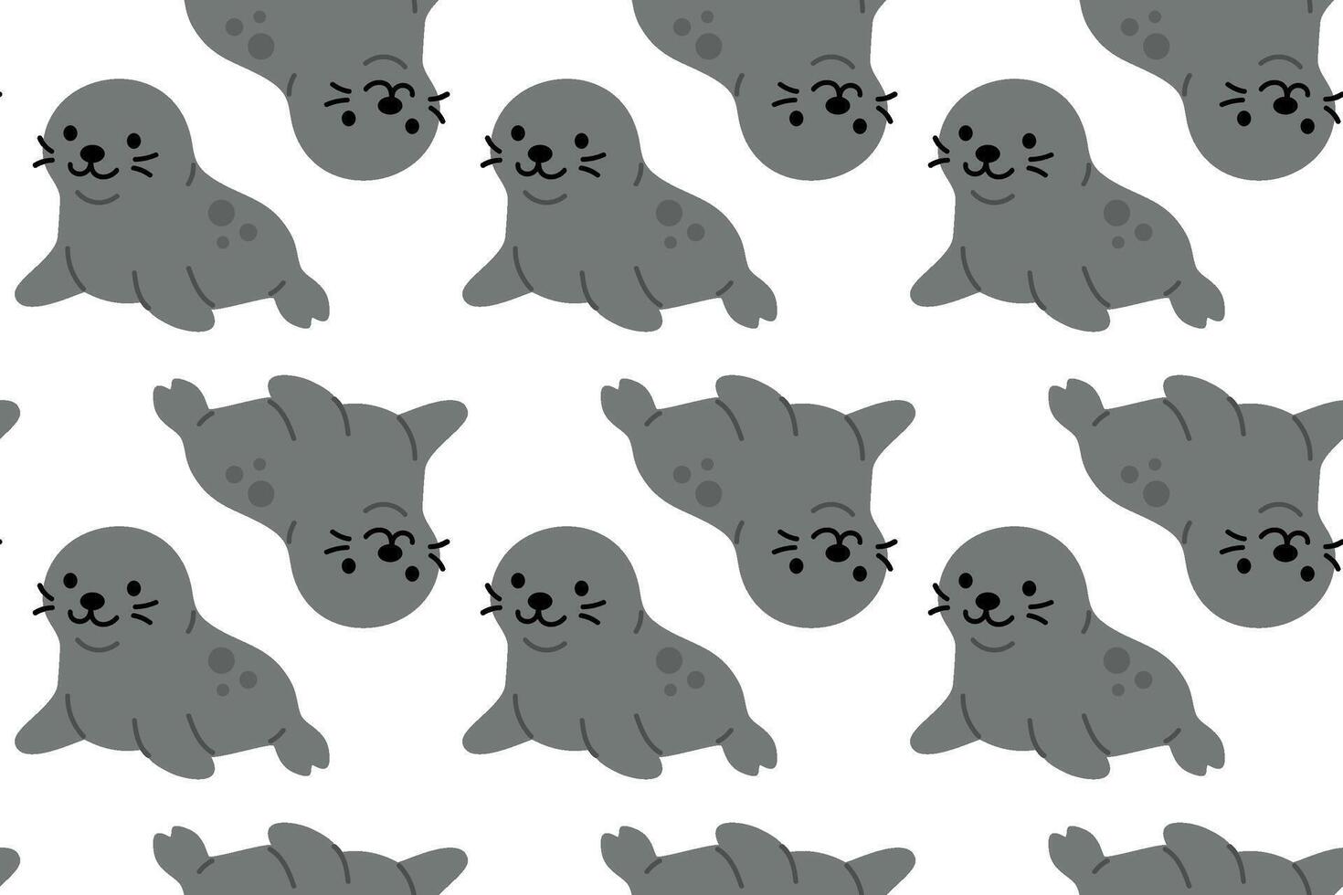 Gray seal seamless pattern with smiling faces and relaxed poses, ideal for marine-themed childrens illustrations vector