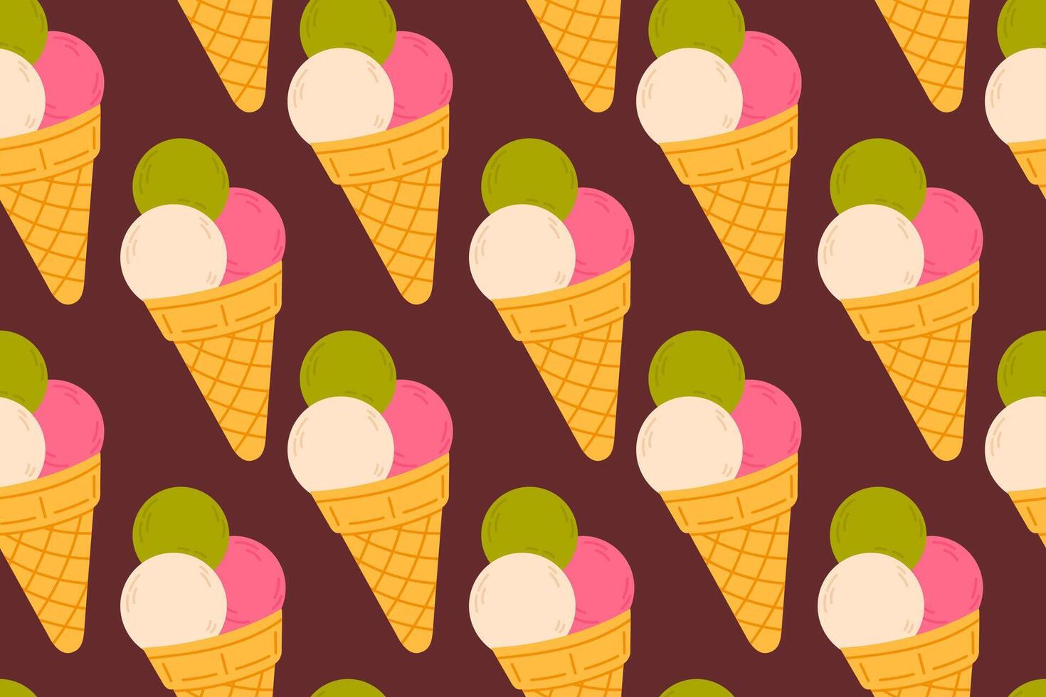 Seamless pattern of triple scoop ice cream cones with colorful flavors on dark background, ideal for dessert packaging or summer food design vector